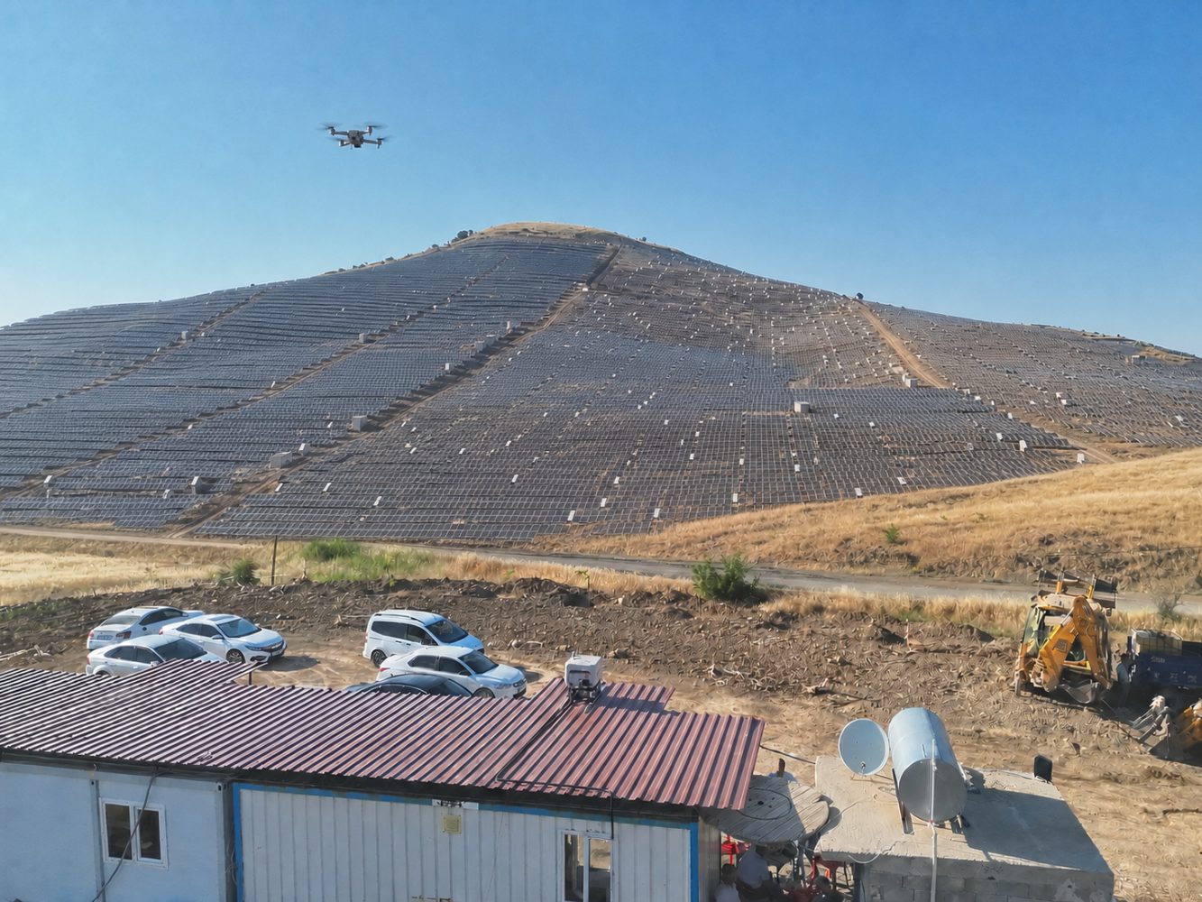 Yamaçtaki büyük ölçekli GES inşaat sahası üzerinde uçuş yapan drone