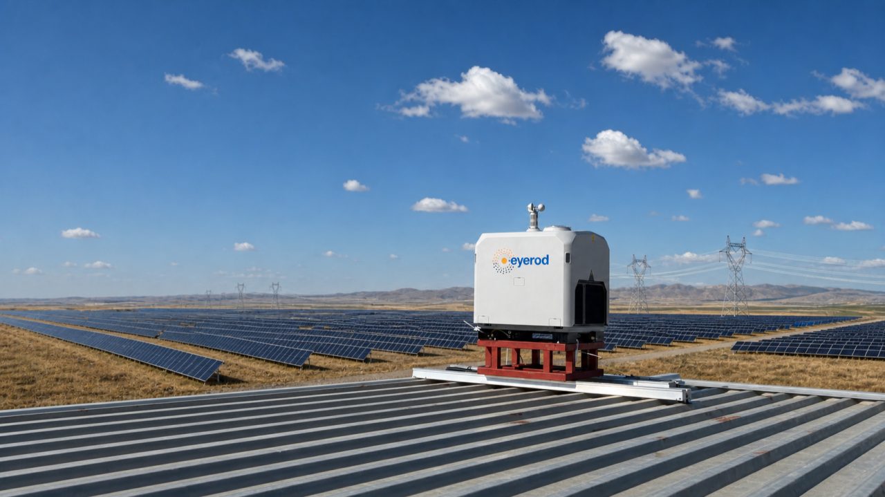 eyerod-branded drone dock station on a rooftop overlooking a utility-scale solar power plant