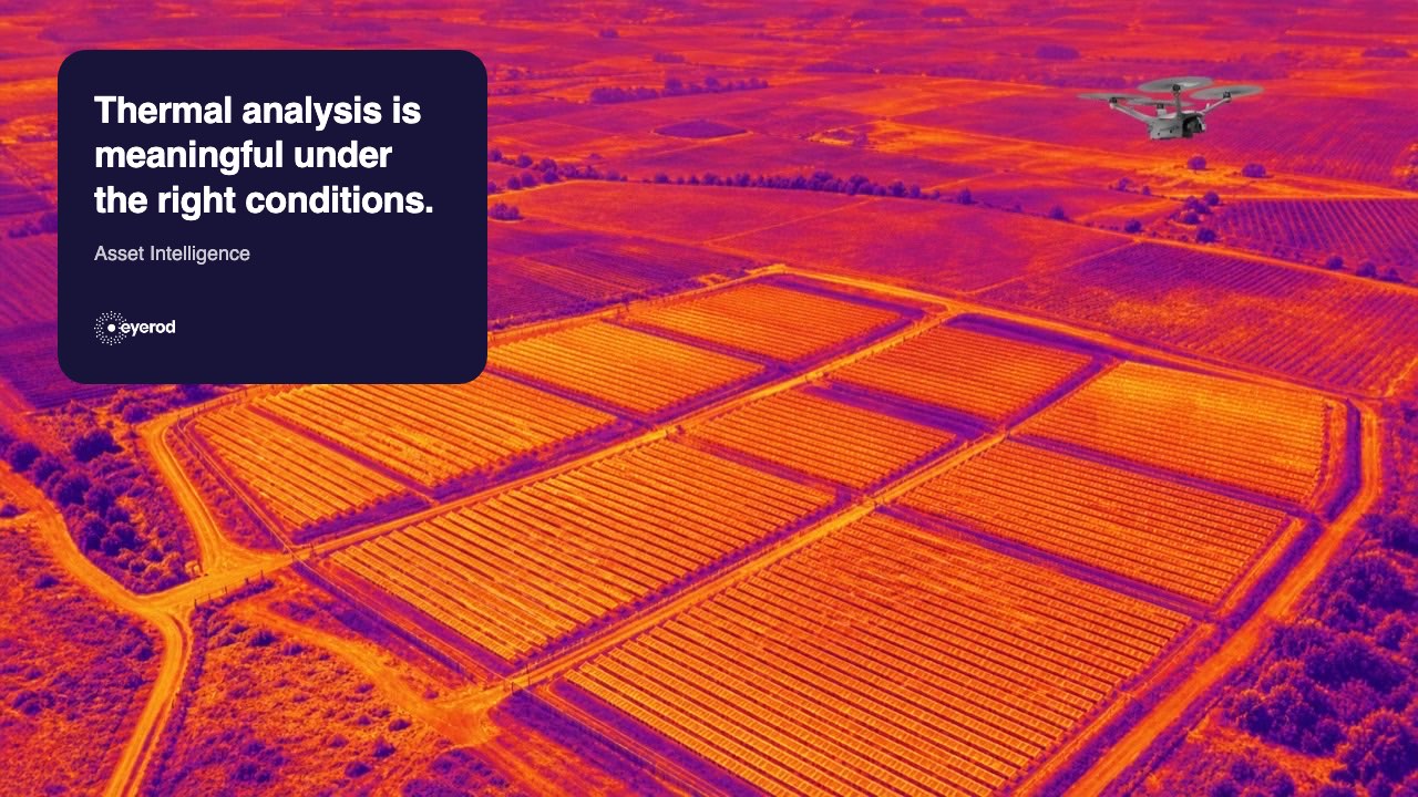 Drone-captured thermal map of a solar plant with module rows in thermal colours and an inspection drone overhead