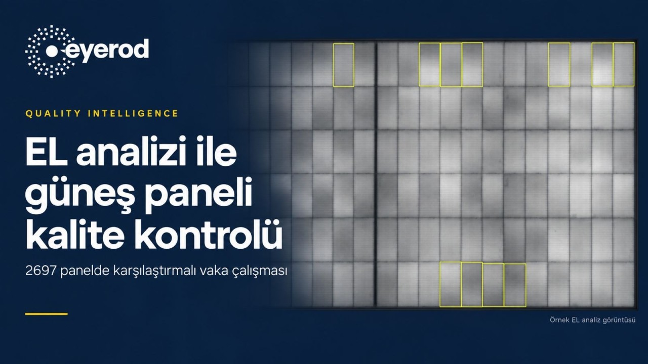 eyerod Quality Intelligence kapağı: EL analizi ile güneş paneli kalite kontrolü, 2697 panelde karşılaştırmalı vaka çalışması; kusurlu hücreleri sarı çerçevelerle işaretlenmiş örnek EL görüntüsü