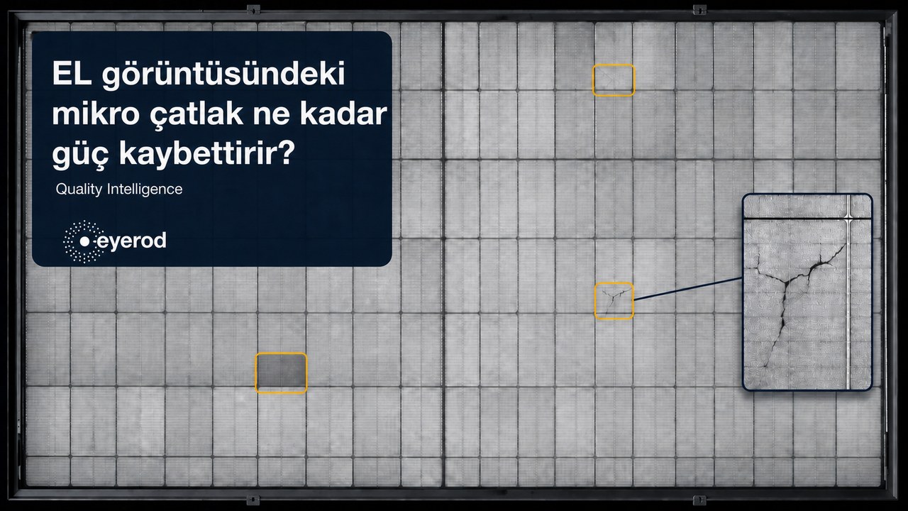 PV modülün elektrolüminesans görüntüsü; hücrelerde işaretlenmiş mikro çatlaklar ve büyütülmüş çatlak detayı