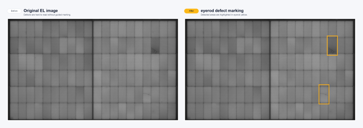 Before-and-after comparison of a raw EL image and eyerod Quality Intelligence defect marking highlighted in yellow