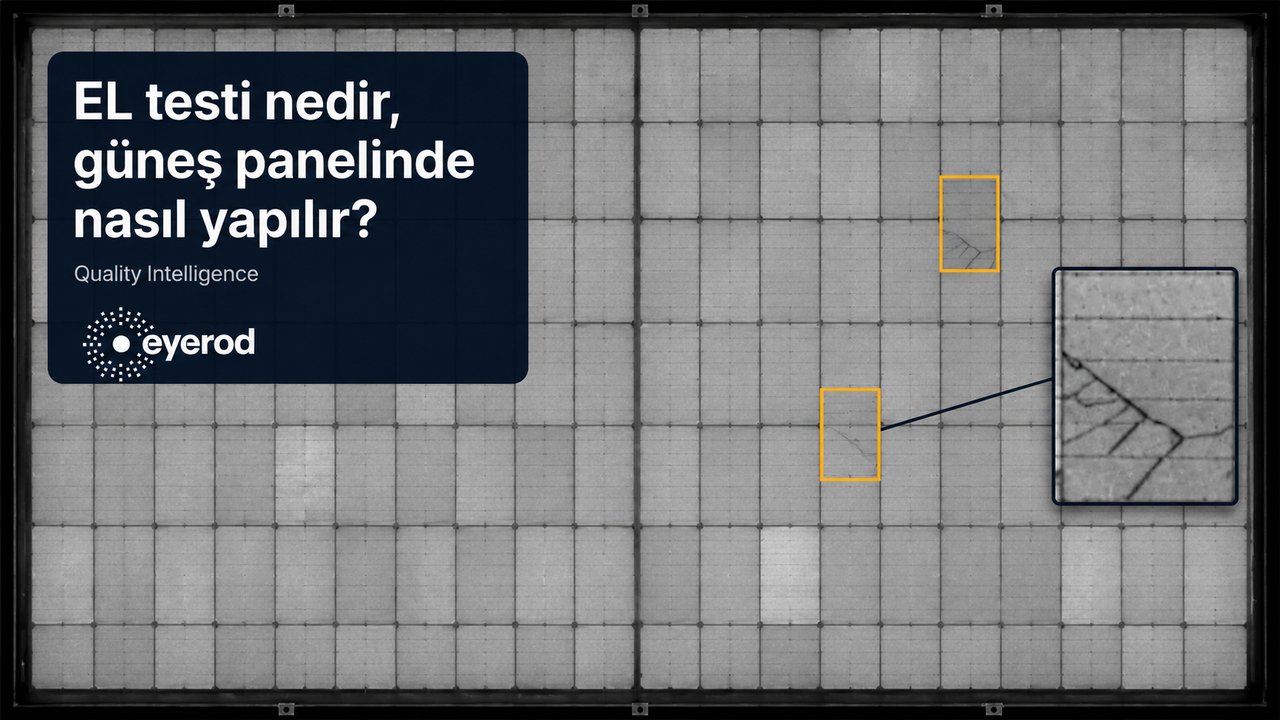 Yarım hücreli PV modülün EL görüntüsü; çatlaklı iki hücre turuncu çerçeveyle işaretlenmiş, biri büyütülmüş, eyerod Quality Intelligence başlık kartıyla