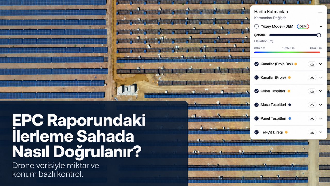 GES şantiyesinin üstten görünümü üzerinde kolon, masa ve panel tespit katmanları; EPC raporundaki ilerlemenin sahada doğrulanmasını anlatan başlık