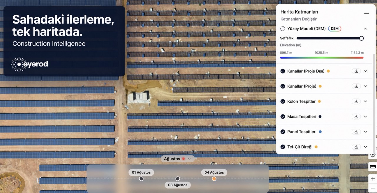 eyerod Construction Intelligence harita ekranında GES şantiyesi; panel, masa ve kolon tespit katmanları ile tarih karşılaştırma çizelgesi