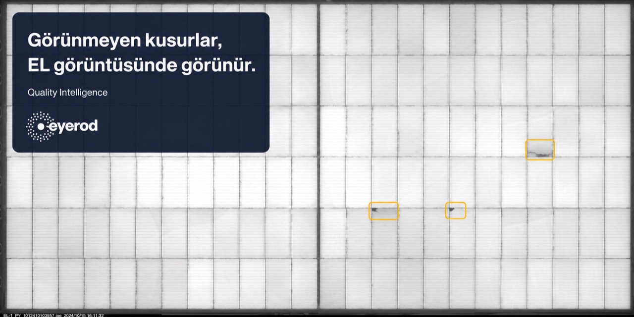 PV modülün EL görüntüsü; hücrelerdeki mikro çatlak kusurları kutularla işaretlenmiş