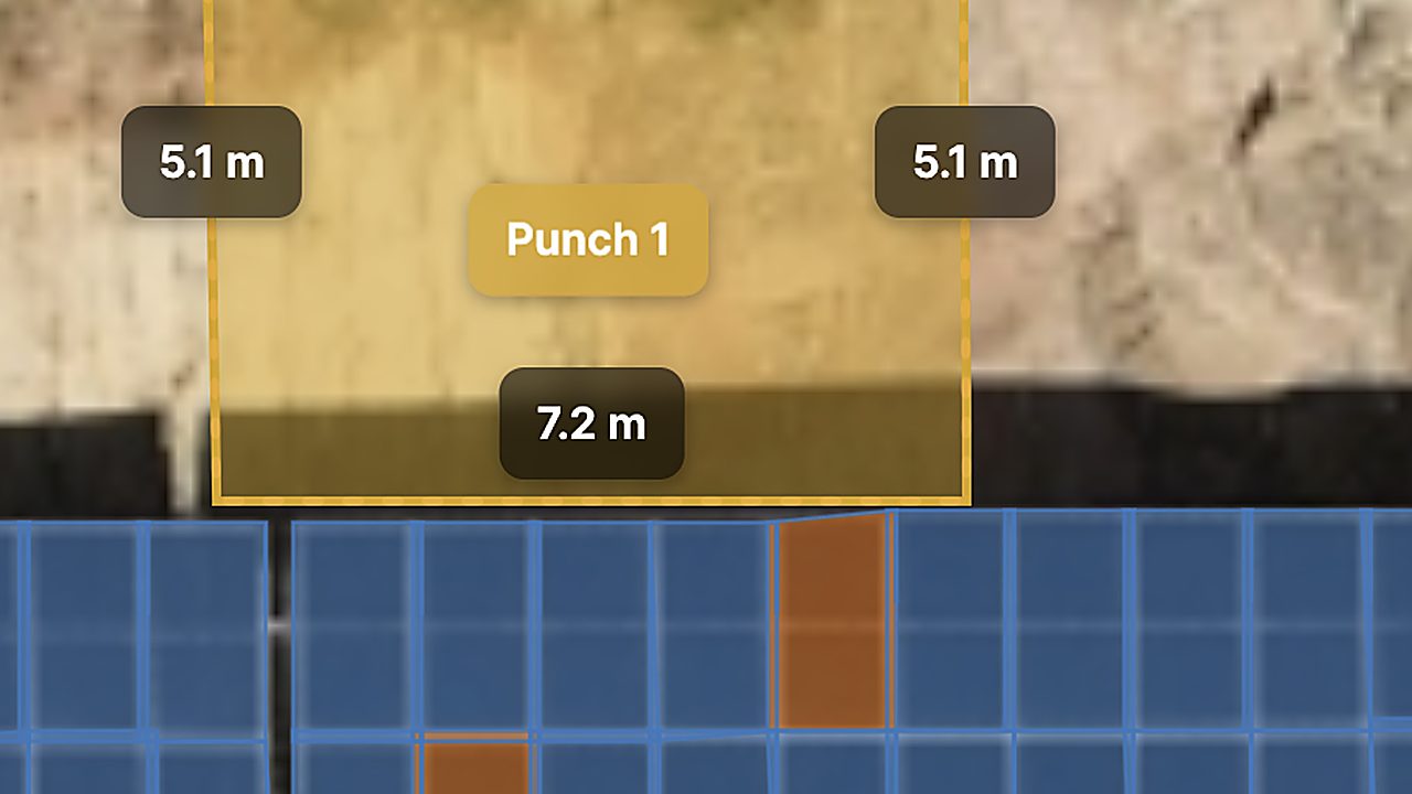 Punch item drawn on the site map with its area measurements, directly above the affected module rows