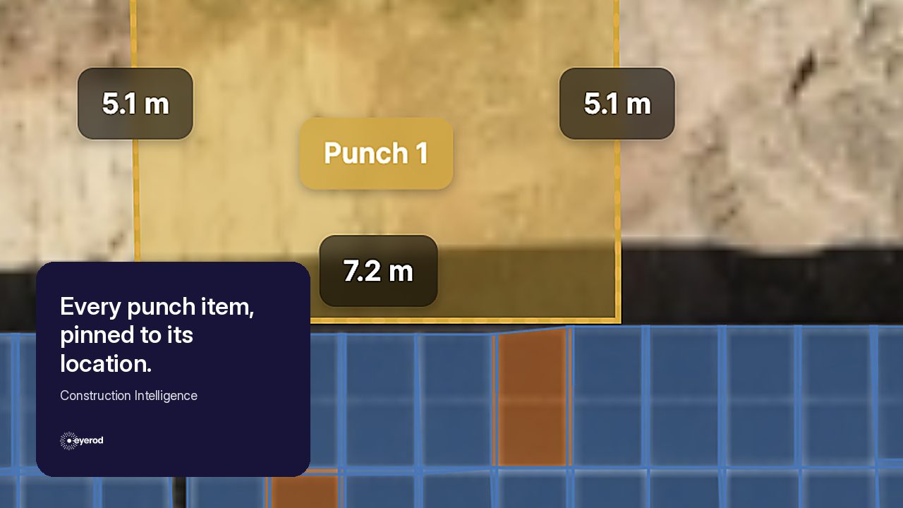 eyerod Construction Intelligence cover: “Every punch item, pinned to its location.” over a punch item marked on the site map