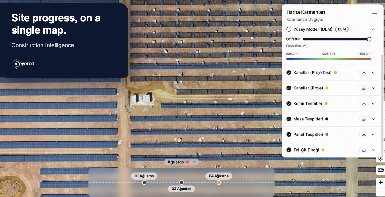 Utility-scale solar construction site on the eyerod Construction Intelligence map with panel, table and pile detection layers and a date comparison timeline