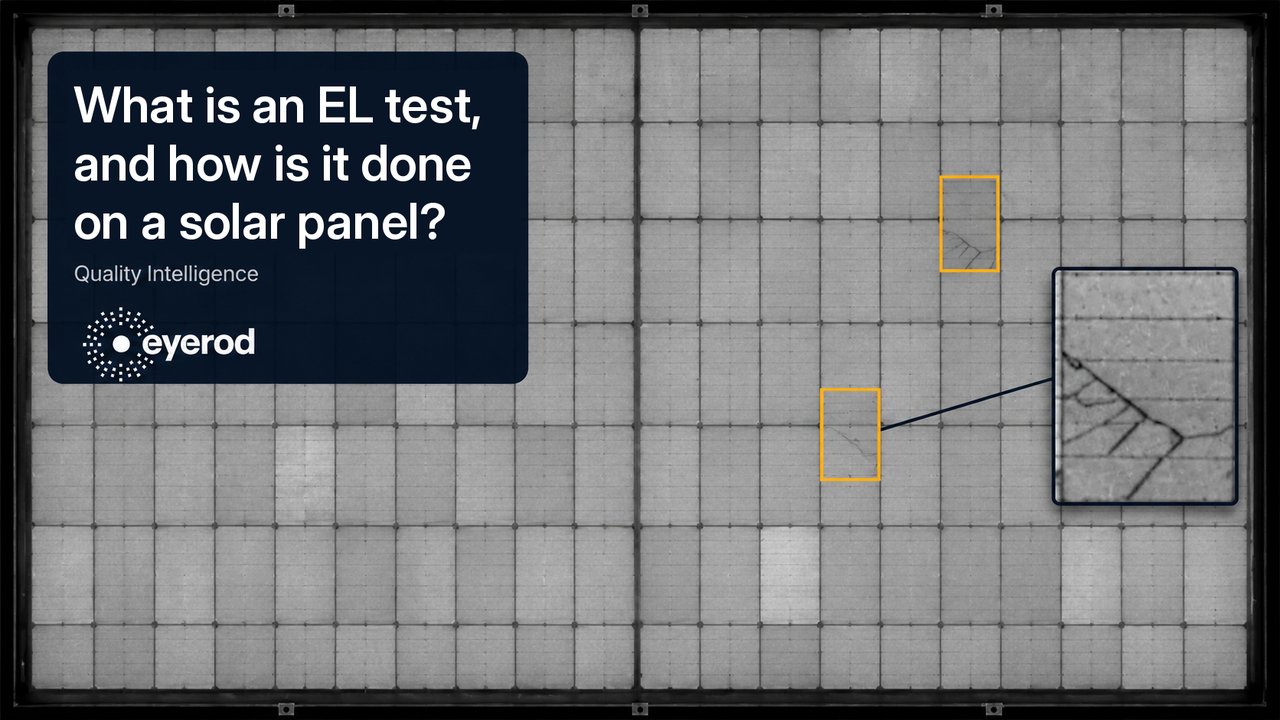 EL image of a half-cell PV module; two cracked cells marked with orange frames, one magnified, with an eyerod Quality Intelligence title card